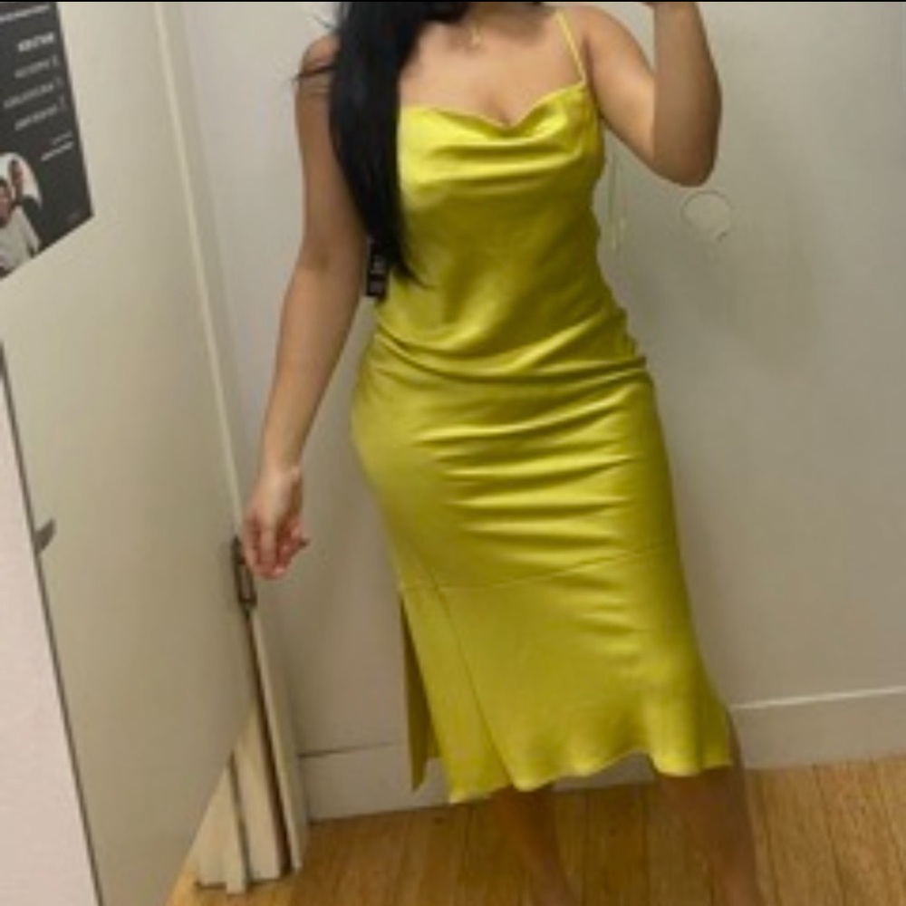 Express Satin Slip Midi Dress in Bright Yellow
